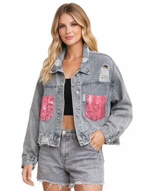 BiBi Distressed Denim Jacket Pink Sequin Pockets Oversized Jean Jacket